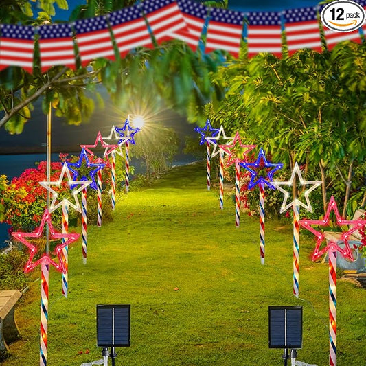 Solar Pathway Lights Outdoor 4th of July Decorations, 2 Sets of 6 Red White and Blue Star Walkway Lights With 180 LED, Waterproof Remote Control Timed Patio for Lawn Garden Decor
