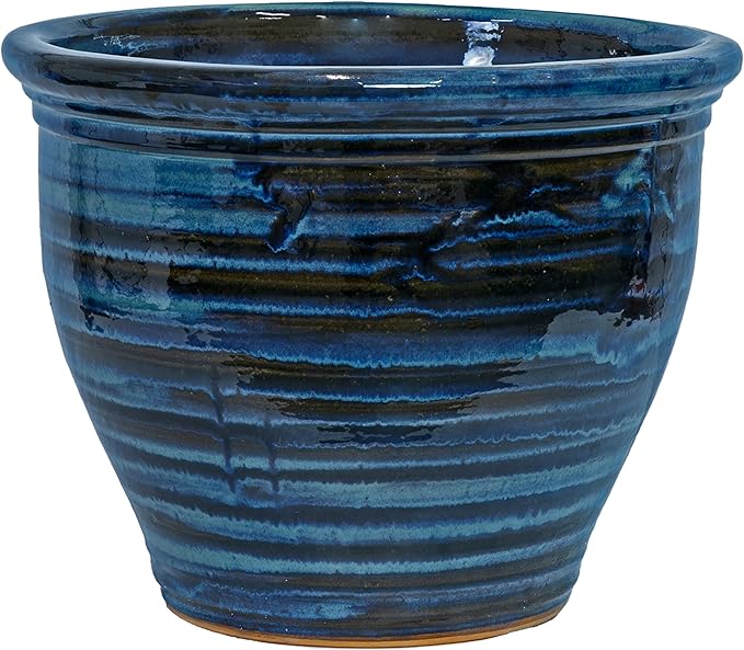 Sunnydaze Studio Large Ceramic Plant Pot - Round Outdoor Glazed Ceramic Planter Pot with Drainage - Galaxy Blue - 18.5"