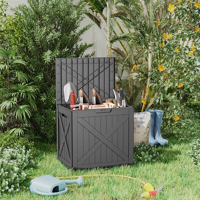 32 Gallon Outdoor Deck Box,Storage Lockable Waterproof Patio Furniture,Garden Tools,Cushions,Pool Accessories Outside Storage Resin Box(Blackn)