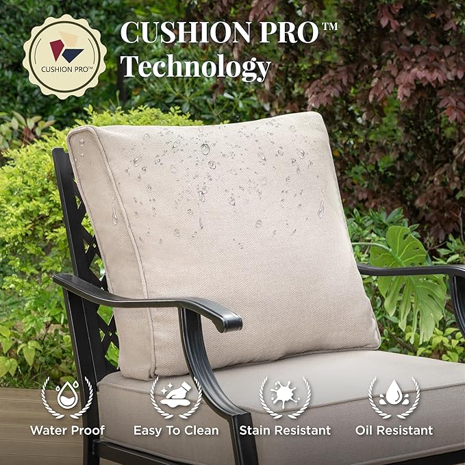 Patio Furniture Set with Fire Pit Table, 5 Pcs Metal Outdoor Conversation Set, 4 Single Chairs with 5.75" Extra Thick Cushion and 28" Fire Pit Table for Backyard Deck, Beige