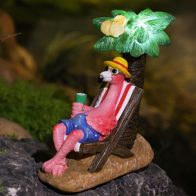 Pink Flamingos for Yard-Solar Statues Outdoor Garden Gifts - Flamingos on Beach Vacation Light up Coconut Tree for Outdoor Lawn Yard Decor