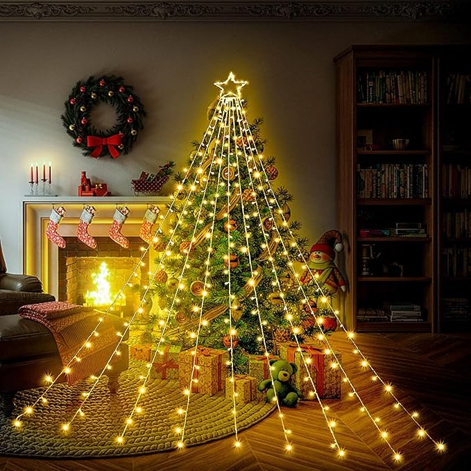 Christmas Star String Lights, 320 LED Waterfall Tree Lights with 13" Topper Star 8 Lighting Modes Indoor Outdoor Halloween Decorations for Holiday, Wedding, Party (Warn White)