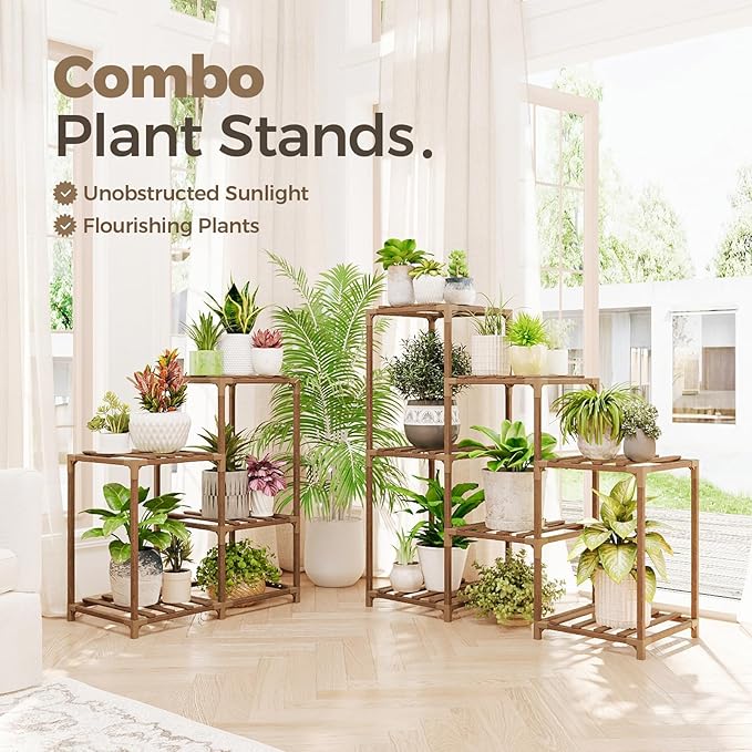 Bamworld Plant Stand Indoor Outdoor Corner Shelf 11 Potted Large Holder for Multiple Plants Wooden Tall Stands Combo Table Rack Garden Patio Lawn Window