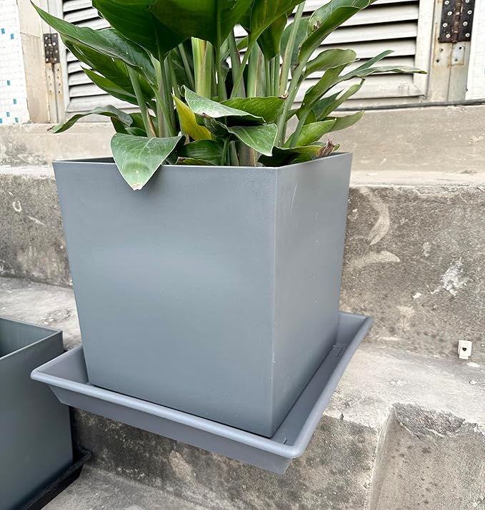 Square Plant Saucer 16 Inch 2 Pack, Plant Stand Plant Trays for Pots Heavy Duty Gray Plastic Plant Saucers for Indoors Outdoors, Flower Pot No Holes Plant Lover Gardening Gifts