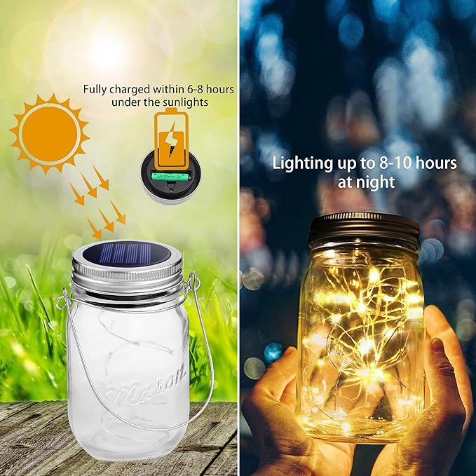 SmilingTown 10 Pack 30 LED Solar Mason Jar Lid String Lights,Fairy Lights Including 10 Pcs Hangers,for Indoor Outdoor Wedding Patio Garden Party Decorations Gift(No Jars) (Warm White)