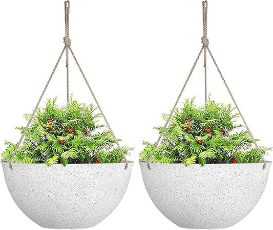 LA JOLIE MUSE Large Hanging Planters for Outdoor Plants - 13 Inch Hanging Flower Pots Set of 2, Speckled White