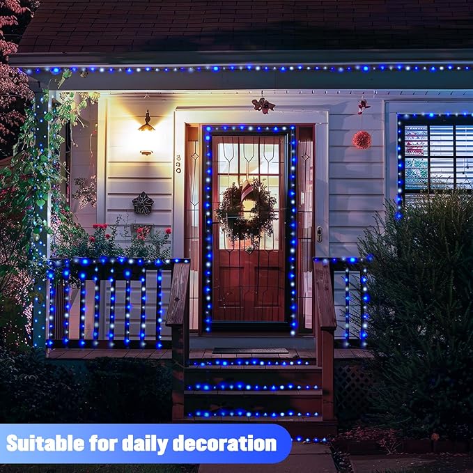 JMEXSUSS 2 Pack Blue and White Solar Christmas Lights, Each 33FT 100 LED Solar String Lights Outdoor Waterproof, 8 Modes Mini Fairy Lights for Outside Yard Patio Christmas Decorations
