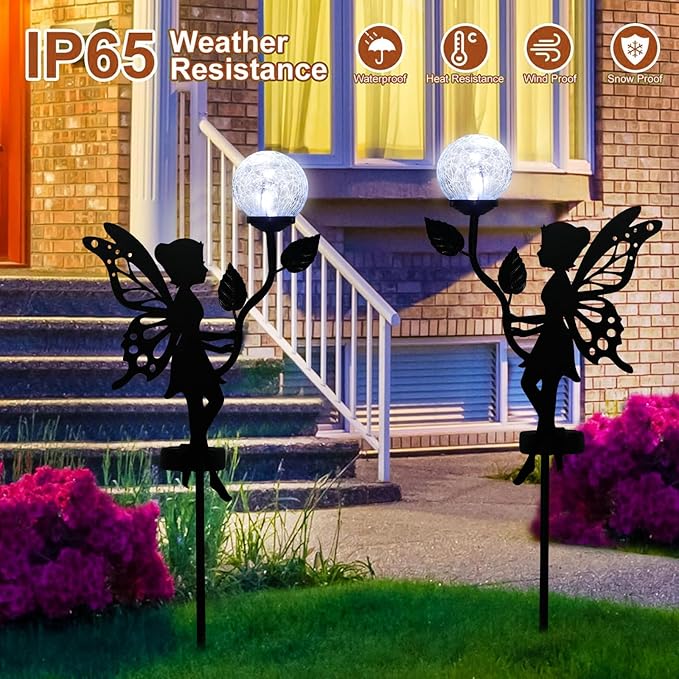 2 Pack Solar Fairy Garden Decor, Metal Fairy Statues with Crackle Glass Globe Solar Garden Lights Outdoor Silhouette Waterproof for Lawn Patio Yard Pathway Gardening Gifts