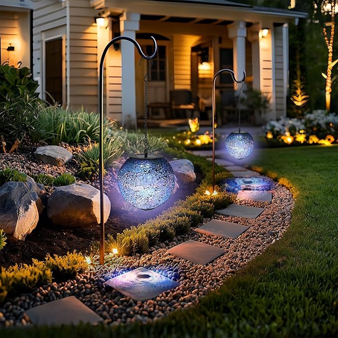 VCUTEKA Solar Chandelier Outdoor, Hanging Mosaic Solar Lights with Hook Up, Solar Garden Lantern Decor for Yard, Deck and Patio, Blue