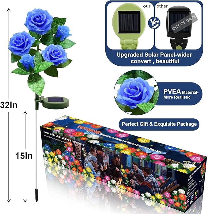 Solar Flower Lights Outdoor - Upgraded New Material Two Modes Realistic LED Solar Powered Waterproof Lights with 20 Roses, Solar Decorative Stake Lights for Garden (Blue, 4 Pack)