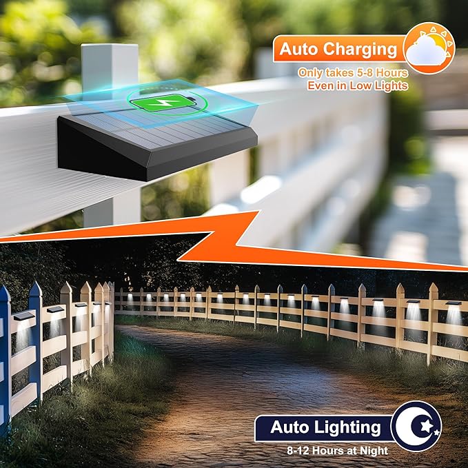 Solar Fence Lights Outdoor Waterproof IP65, 12 Pack Fence Lights Solar Powered 60 Lumens Auto On/Off Step Wall Lights Outside Decorations for Yard, Porch, Patio, Stairs, Pool, Deck, Garden-White Light