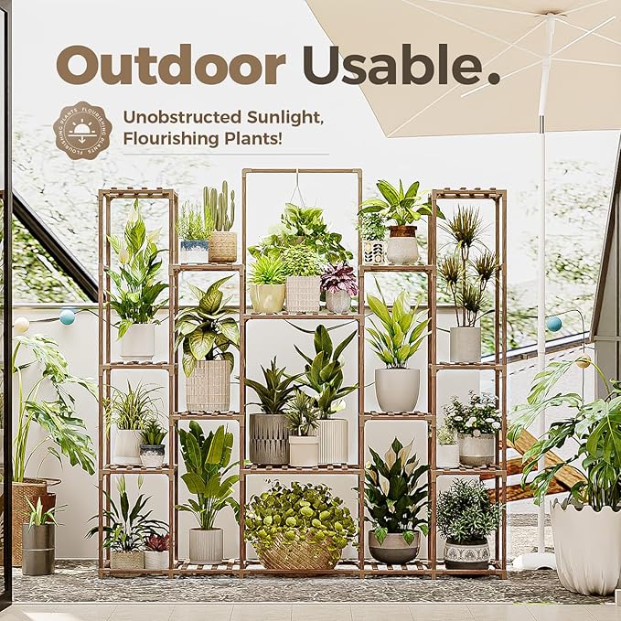 Bamworld Large Plant Shelf Plant Stand Indoor Hanging Tall Outdoor Plant Holder Wood for Multiple Plants Plant Rack for Living Room Garden Balcony Flower 17 Pots Wide