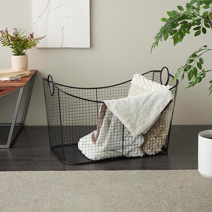 Deco 79 Metal Large Open Frame Wire Grid Storage Basket with Curved Sides and Ring Handles, 30" x 20" x 20", Black