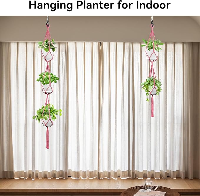 USLAI Macrame Plant Hanger Indoor Outdoor, Up to 4-15 inch Pot, Heavy 20lb Planters, Extra Long Strong Hanging Planter Basket Holder, Boho Home Decor, 49+72 Inch, Pink (POTS NOT Included)