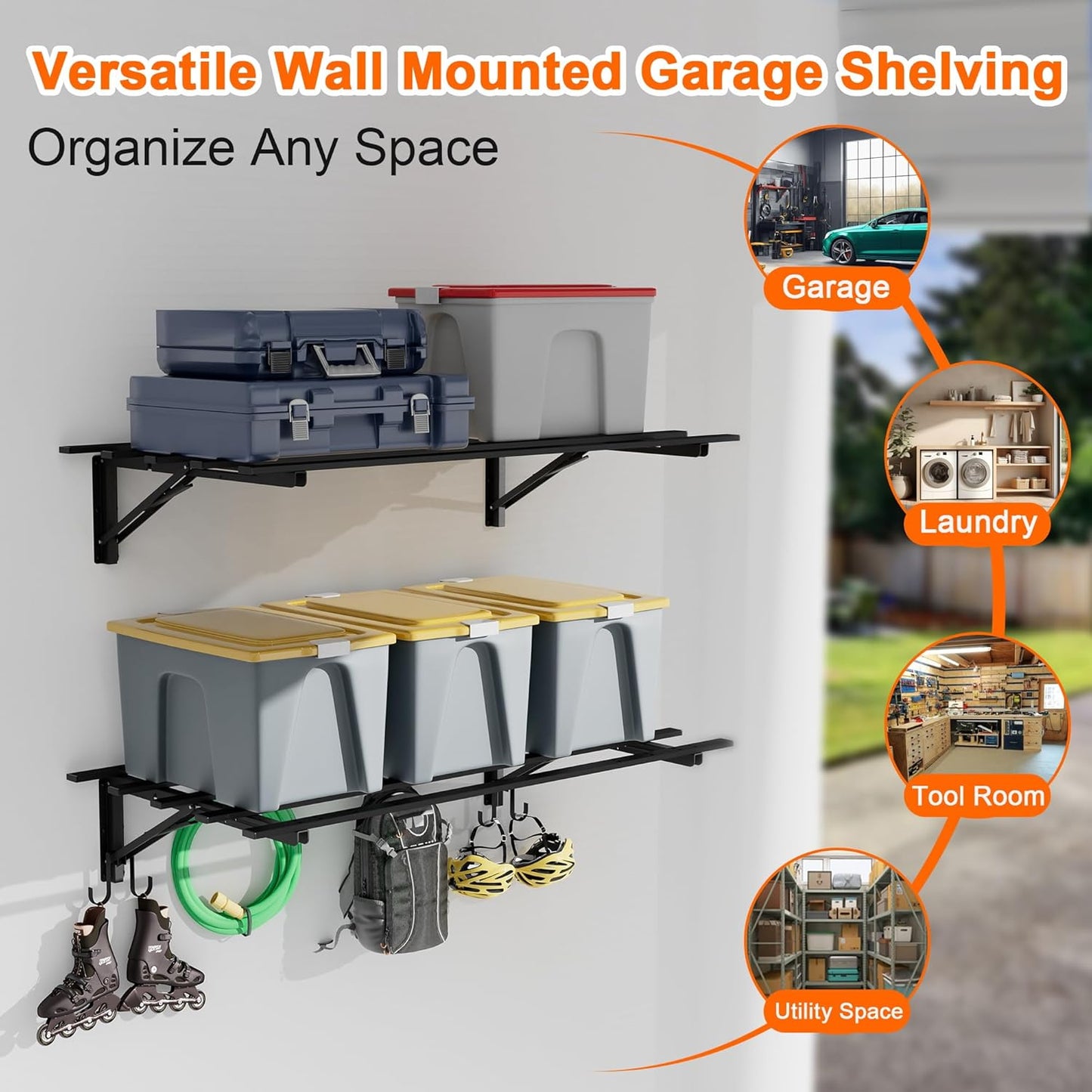 Garage Storage System Shelves 3.21x1.64 ft - Heavy Duty Garage Wall Shelving with Hooks, Foldable Storage Shelving Wall Mounted Install, Versatile Hanging Shelves & Black Metal Floating Organizer