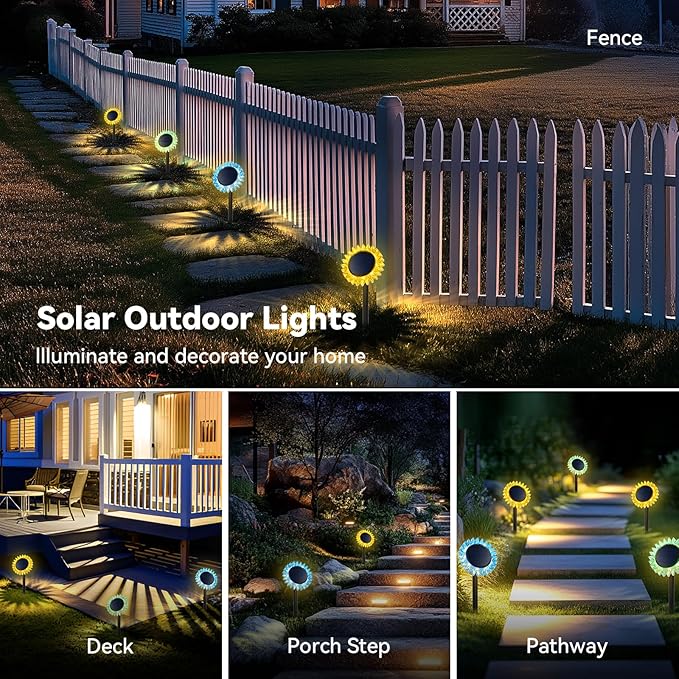 Solar Outdoor Garden Lights, 6 Pack Sunflower LED Ground&Wall 2-in-1 IP67 Waterproof Decorative Light for Yard Landscape Pathway Patio Walkway Backyard Decor (Warm White)