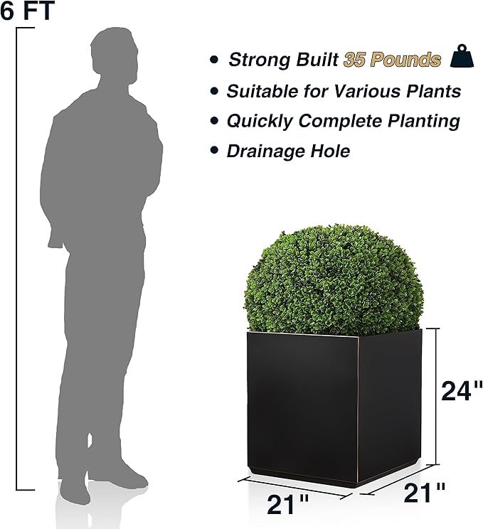 Metallic Heavy Cube Planter Box, No Assemble, Seamless Large Square Planter for Trees, Plants and Flowers 21”Lx21”Wx24”H 35Pounds Black with Hand Brushed Gold Rim