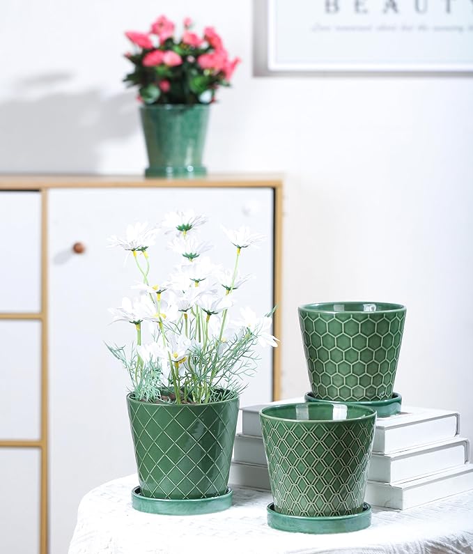 Plant Pots Indoor –5 inch Ceramic Flower Pot with Drainage Hole and Ceramic Tray - Gardening Home Desktop Office Windowsill Decoration Gift, Set of 4-Plants NOT Included (Patina)