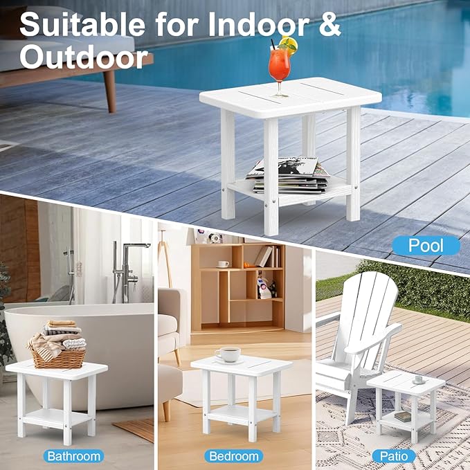 Outdoor Side Table - 2-Tier Storage All Weather Outdoor End Table for Patio - HDPE Morden Easy Maintenance Adirondack Side Table for Pool Porch Balcony Garden Lawn Backyard Outside Indoor