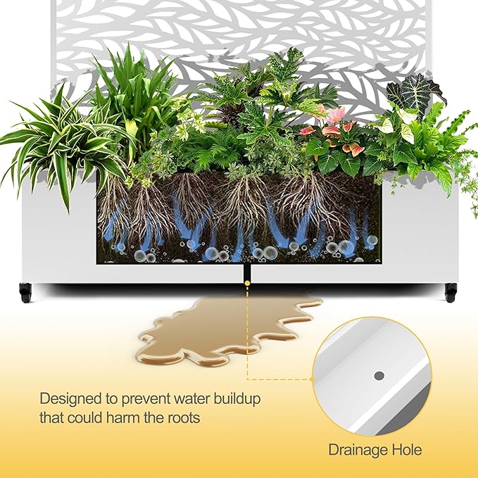 Raised Garden Bed with Trellis and Wheels,73"x47"x16" Metal Raised Garden Bed,White Flowing Leaf Metal Planter with Climbing Trellis for Vines & Vegetables