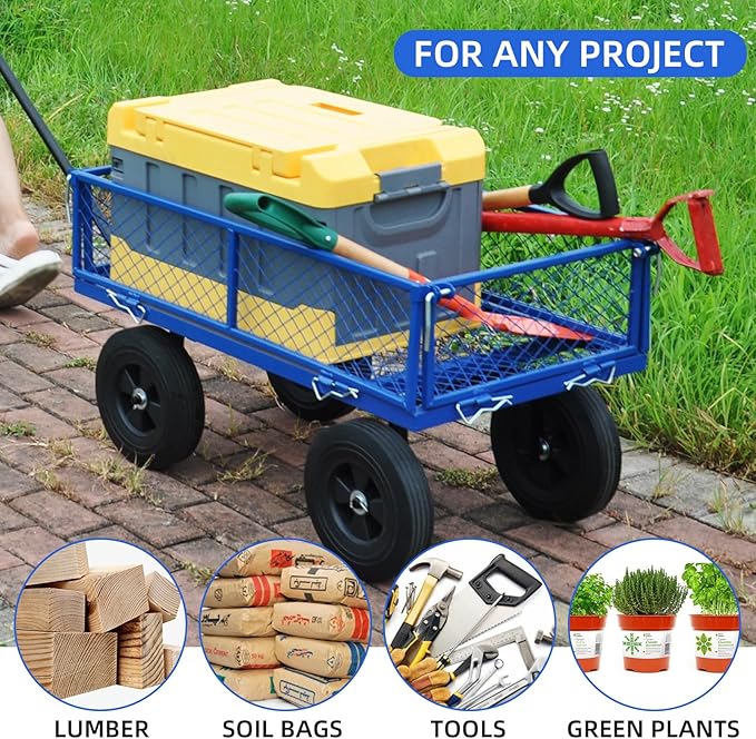 Heavy Duty 480 Lbs Capacity Mesh Steel Garden Cart Folding Utility Wagon with Removable Sides (Blue)