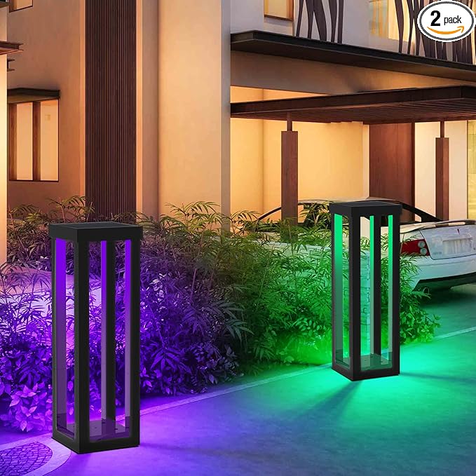 Solar Patio Floor Lamp Outdoor, 2 Pack RGB Color Changing Landscape Path Lights Garden Decorations Waterproof 12H Endurance Cordless Landscaping for Porch Lawn Yard Backyard (Black)