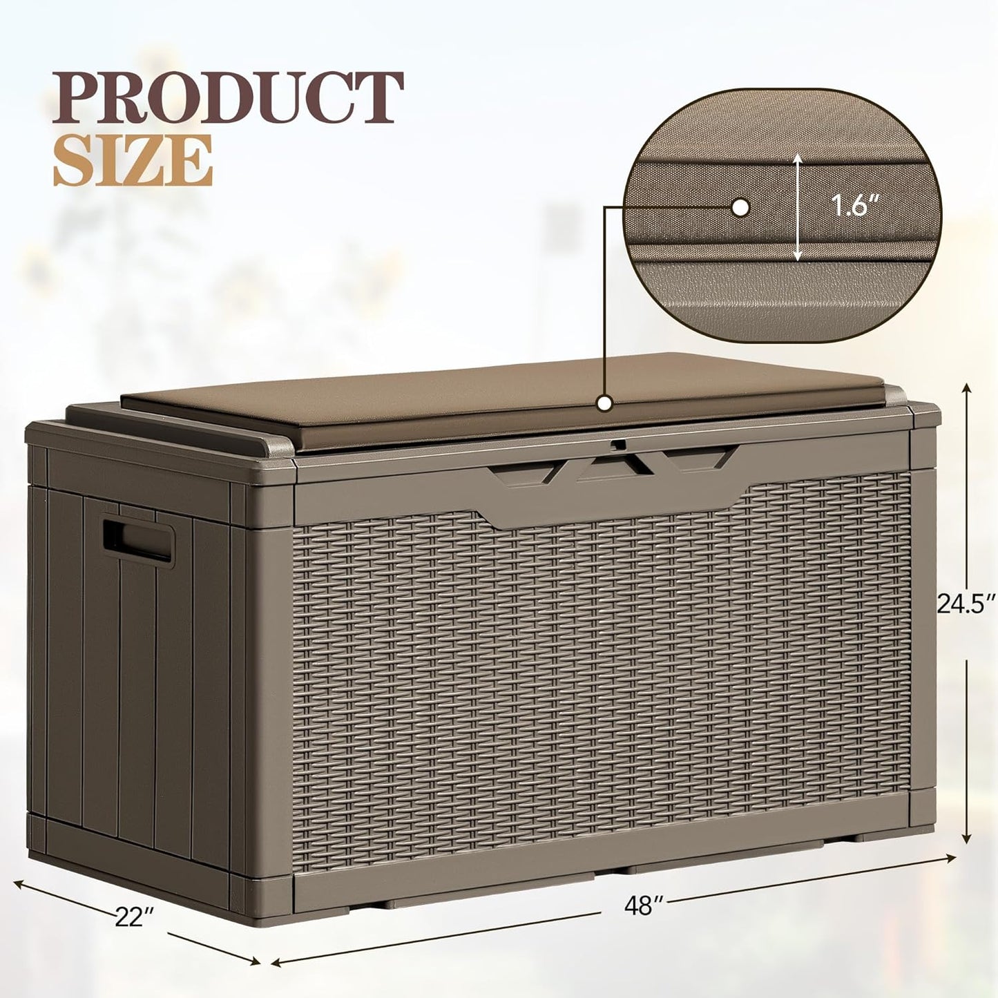 Greesum 100 Gallon Resin Deck Box Large Outdoor Storage Boxes with Cushions for Garden Tools, Patio Furniture Pillows, Pool Supplies, Light Coffee