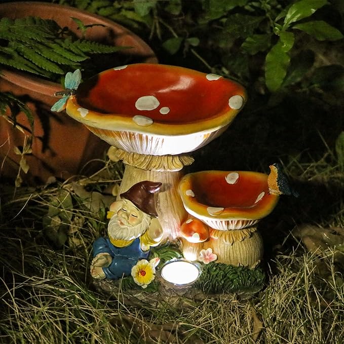 Garden Gnome Statue, Solar Powered Gnome Figurine with Mushroom Decor, Waterproof Resin Lawn Ornamnets for Outdoor Patio Yard Home Tabletop Deocr, Ideal Gifts for Mom