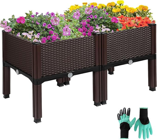 Emalie Raised Garden Beds Elevated Plastic Planter Box with Drainage Plugs Perfect for Vegetables Flowers Herbs Growing Outdoor, 31.5" Lx15.7 Wx16.5 H Brown