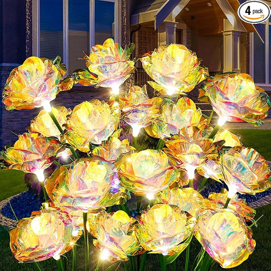 Solar Garden Lights Outdoor, 4 Pack 24-Head Artificial Flowers Solar Lights, IP65 Waterproof Garden Decoration for Yard Patio Path Cemetery Grave, Gifts for Mom Women Bithday Mother's Day-Auto ON/Off