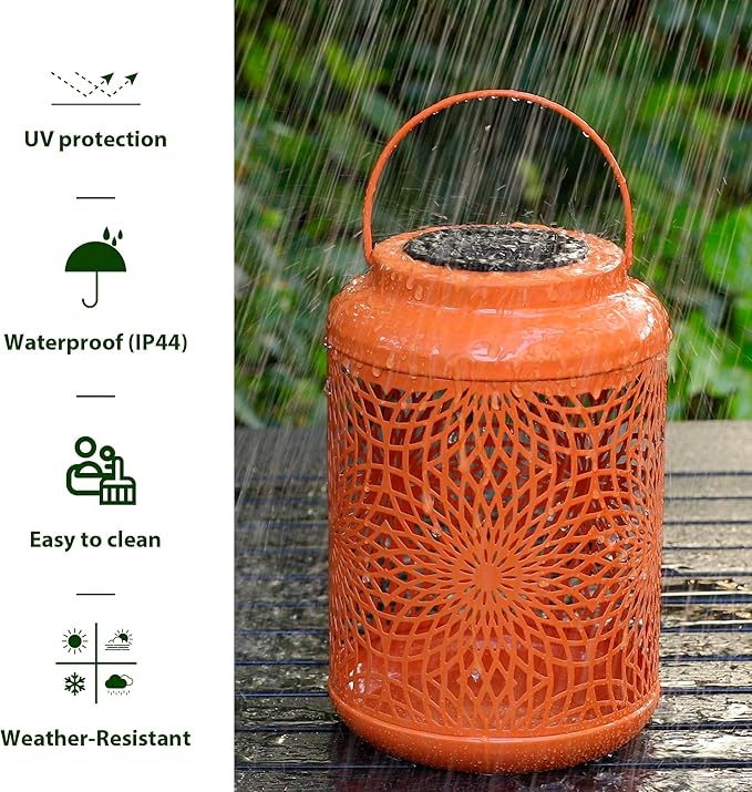 Glitzhome Solar Lantern Orange Metal Cutout Scrollwork Outdoor Hanging Solar Light with Handle for Garden Patio Yard Outdoor Decor