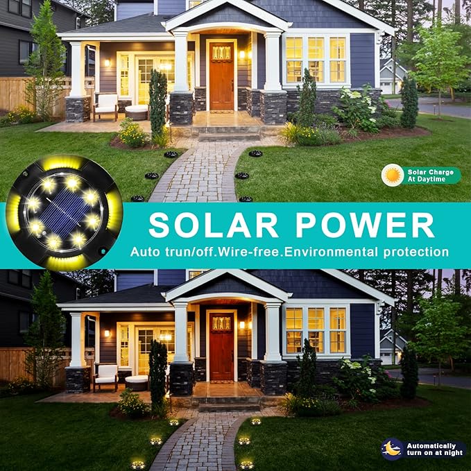 Solar Ground Lights Outdoor 12 Packs 12 LED Disk Lights Solar Powered Waterproof New In-ground Lights For Garden Deck Stair Step Lawn Patio Driveway Walkway Pathway Yard decoration(Warm Light,12Pack)