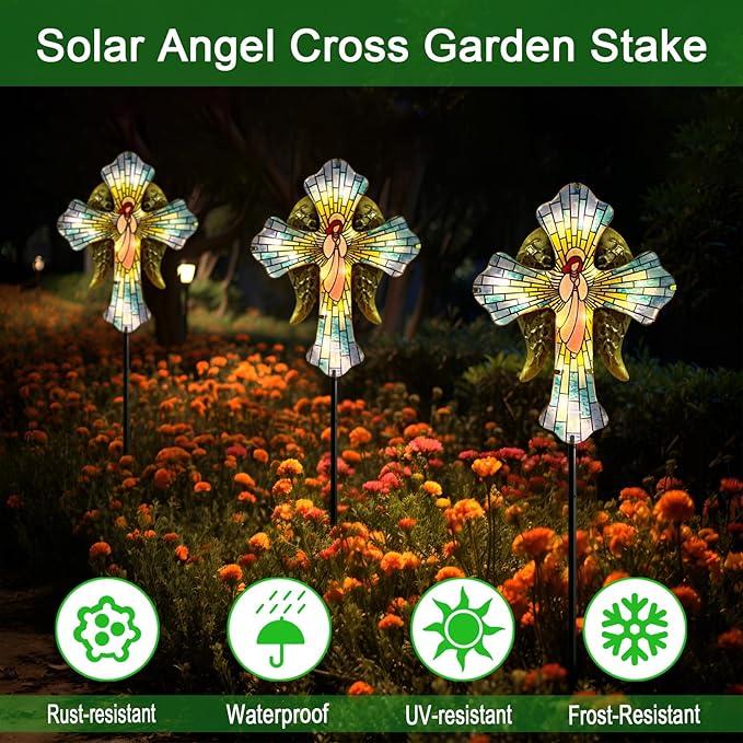 Solar Cross Garden Stake Lights for Outdoor Garden,Cemetery,and Yard Decor,Angel Wings Cross Solar Christmas Lights Outdoor,Memorial Gifts Angel