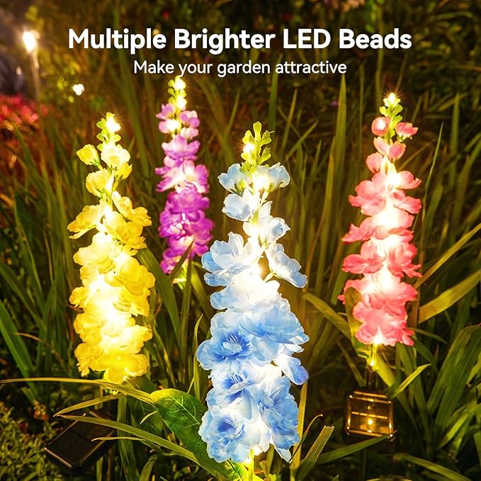 KOOPER Solar Lights Outdoor Garden Decor, 4 Pack Upgraded Delphinium Solar Garden Lights, 36 LEDs Garden Lights Solar Powered, Waterproof Solar Lights for Outside, Solar Flowers Lights for Yard Decor