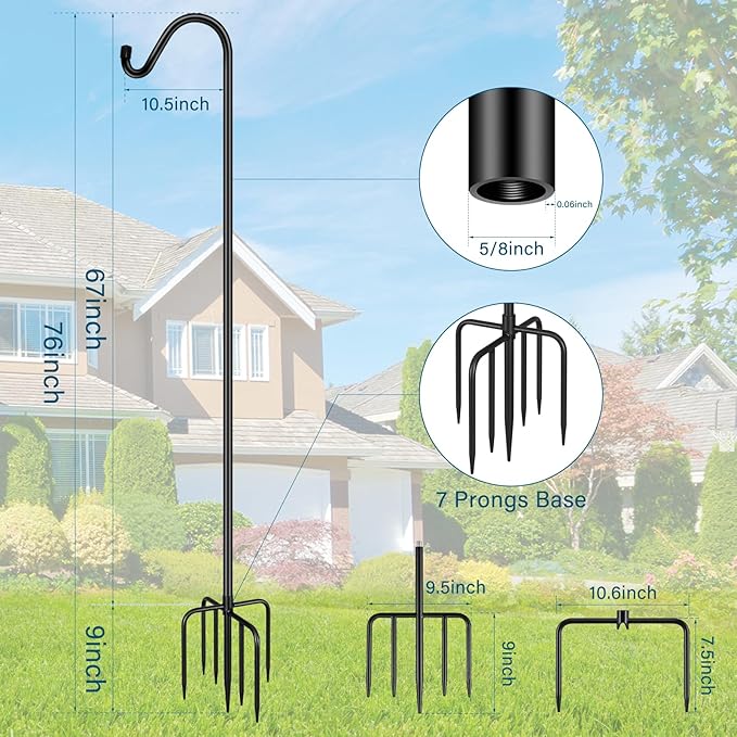 Gtongoko Shepherds Hook for Outdoor, 76 Inch Bird Feeder Pole with 7 Prongs Base, 5/8 Inch Thick Heavy Duty Adjustable Garden Hook for Hanging Plant, Hummingbird Feeder, Lantern, 2 Pack