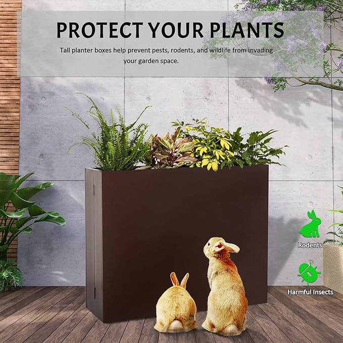 Metal Rectangular Planter, 35.5"x 10"x 28" Brown Planter Box for Outdoor, Easy Installation Galvanized Steel Planter with Drainage Holes, Outdoor Planter for Porch/Patio/Garden