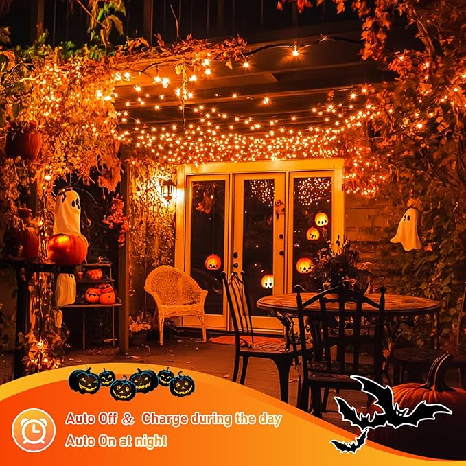 JMEXSUSS 2 Pack Solar Halloween Lights, 33ft 100 LED Outdoor Waterproof Orange Solar Lights for Tree Yard Patio Garden Halloween Thanksgiving Decorations