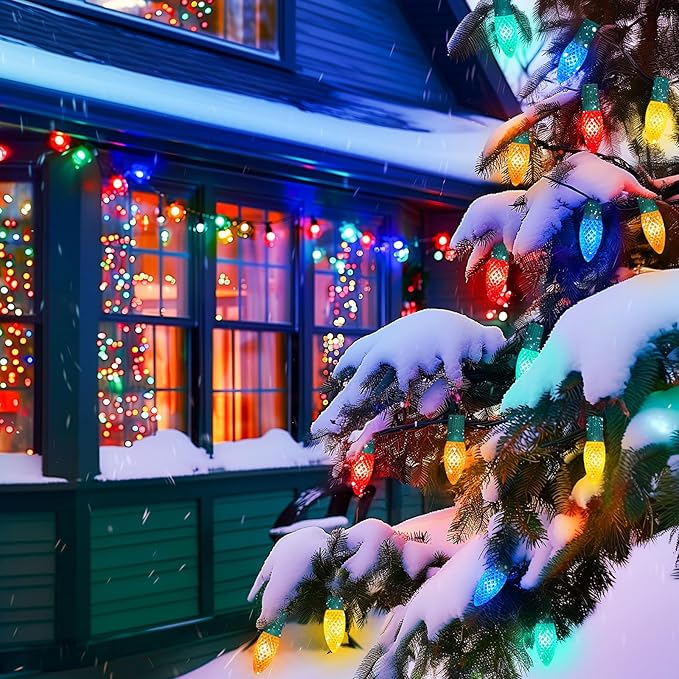 C9 Christmas Pathway Lights Outdoor, 25.7 Feet 20 LED C9 Strawberry Walkway Lights with Marker Stakes, Connectable Shatterproof C9 String Lights for Outside Yard Decorations, Multicolored, 4 Pack