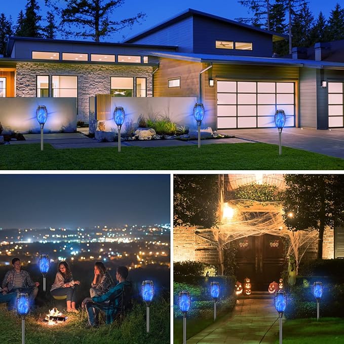 Outdoor Solar Lights Blue, 12 Pack Solar Torch Lights with Flickering Flame Waterproof Mini Tiki Torches for Landscape Garden Pathway Dusk to Dawn Auto On/Off