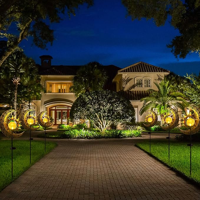 Solar Garden Statues Outdoor Decor, Moon Sun Figurine Light Stake, Housewarming Ornament for Patio, Lawn, Yard, Pathway - Unique Gift Ideas for Gardening Mom Grandma