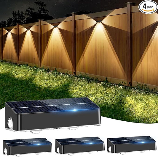 Solar Fence Lights Outdoor - 3-Side Fence Light Solars Powered for Outside IP65 Waterproof Fence Solar Lights Outdoor for Outside Garden Backyard Patio Deck Fence Stair Step Railing Pathway(4Pack)