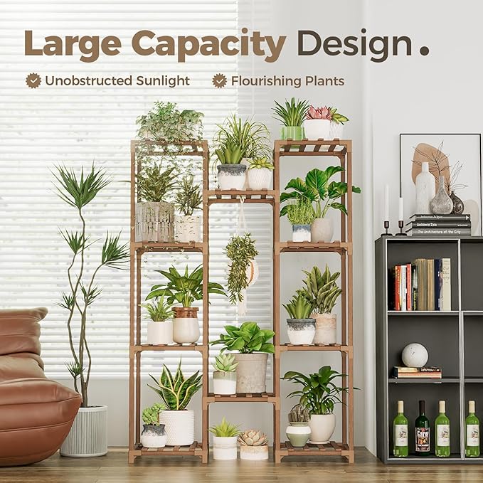 Bamworld Plant Stand Indoor Outdoor Tall Plant Shelf for Multiple Plants Pots Wood Flower Stand Large Flower Holder for Living Room, Patio, Balcony, Garden Decor, Brown
