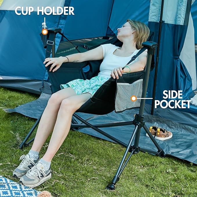 Portal Hammock Camping Chair, Portable Outdoor Swinging Chairs, Rocking Chair for Adults with Adjustable Back and Height for Lawn, Backyard, Patio, Supports 400 lbs, Breathable Mesh High Back, Black