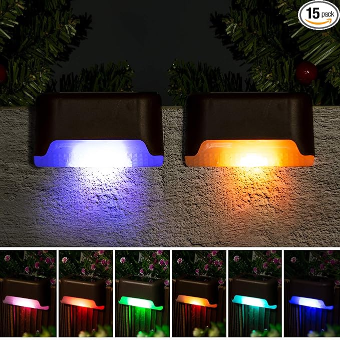 pearlstar 16 Pack Color Changing Solar Deck Lights,Solar Pool Side Lights,Waterproof LED Light for Outdoor Decks, Railing,Stairs, Steps, Fence, Yard, and Patio Christmas Decoration Lamp（Black）