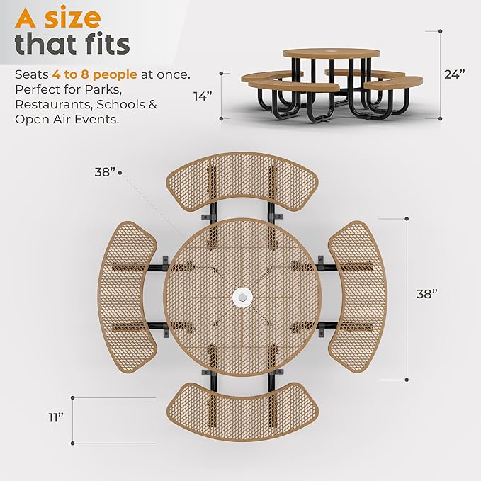 Metal Picnic Tables for Kids for Outdoors with Umbrella Hole - Coated Steel Heavy Duty Commercial Grade Table with Adjustable Seats (Brown, 38 in, Kids, Expanded Steel)