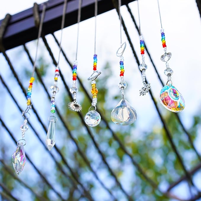 Suncatcher Crystal Prisms Hang Pendants Garden Window Sun Catcher Rainbow Chandelier Beads Chain Ornament, Pack of 7