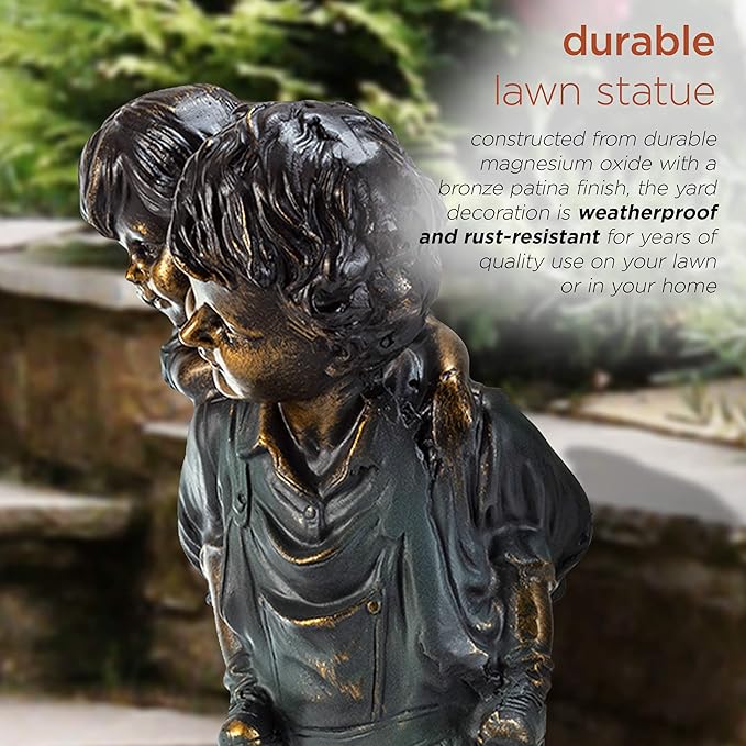 Alpine Corporation 16" Tall Indoor/Outdoor Patina Finish Piggyback Kids Yard Statue Decoration