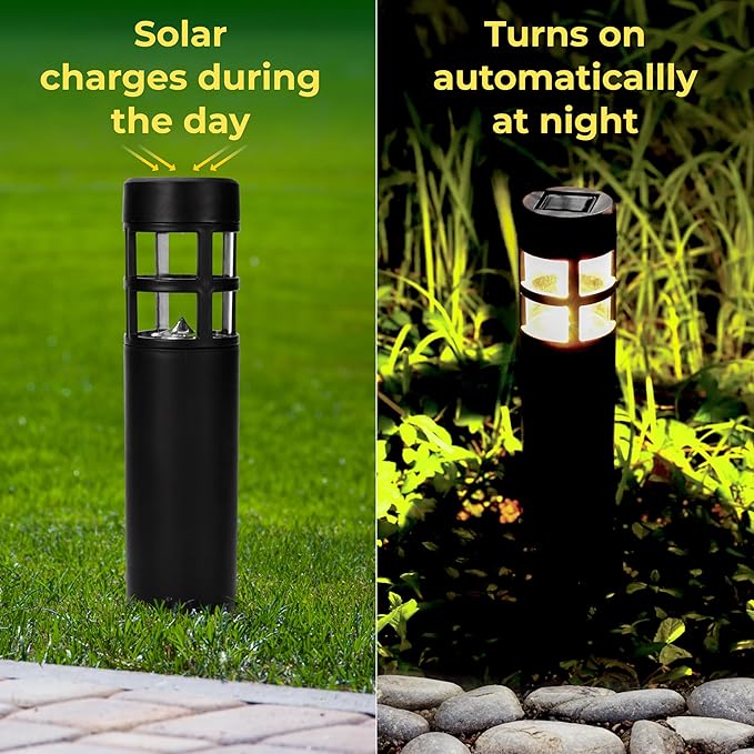TECHKO Solar Mini-Bollard Cylinder Pathway Lights – 4-Pack, Dusk-to-Dawn, Weather-Resistant Outdoor LED Lighting