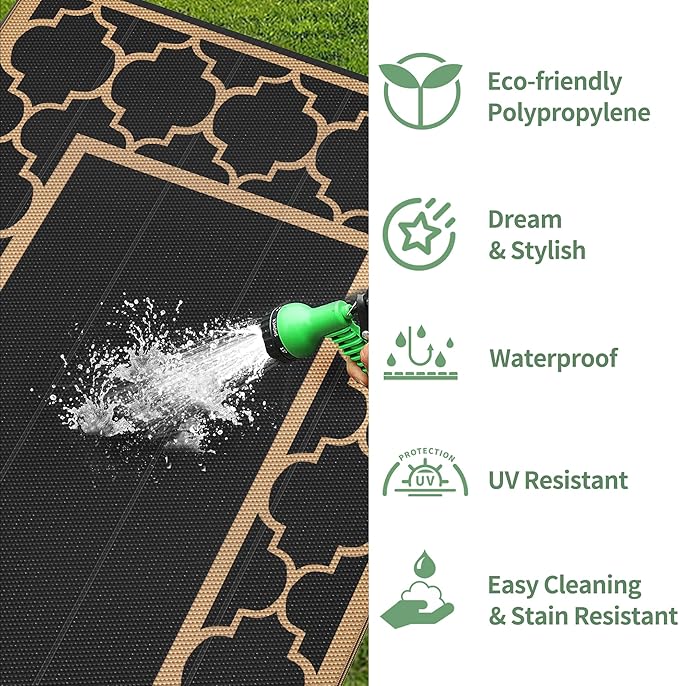 GENIMO Outdoor Rug 8' x 10' Patio Waterproof, Foldable Reversible Plastic Straw Area Rugs Mat for Camper Decor, Outside Carpet for Rv, Deck, Porch, Picnic, Beach, Balcony, Black & Brown