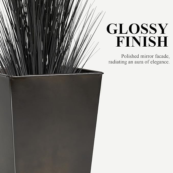 Worth Garden Large Metal Glazed Floor Planter Set of 2-14" Dia x 18" H - Luxurious Glossy Finish Black Tall Square Tapered Steel Plant Pots, Decor Flower Pot Indoor & Outdoor, Drainage Hole